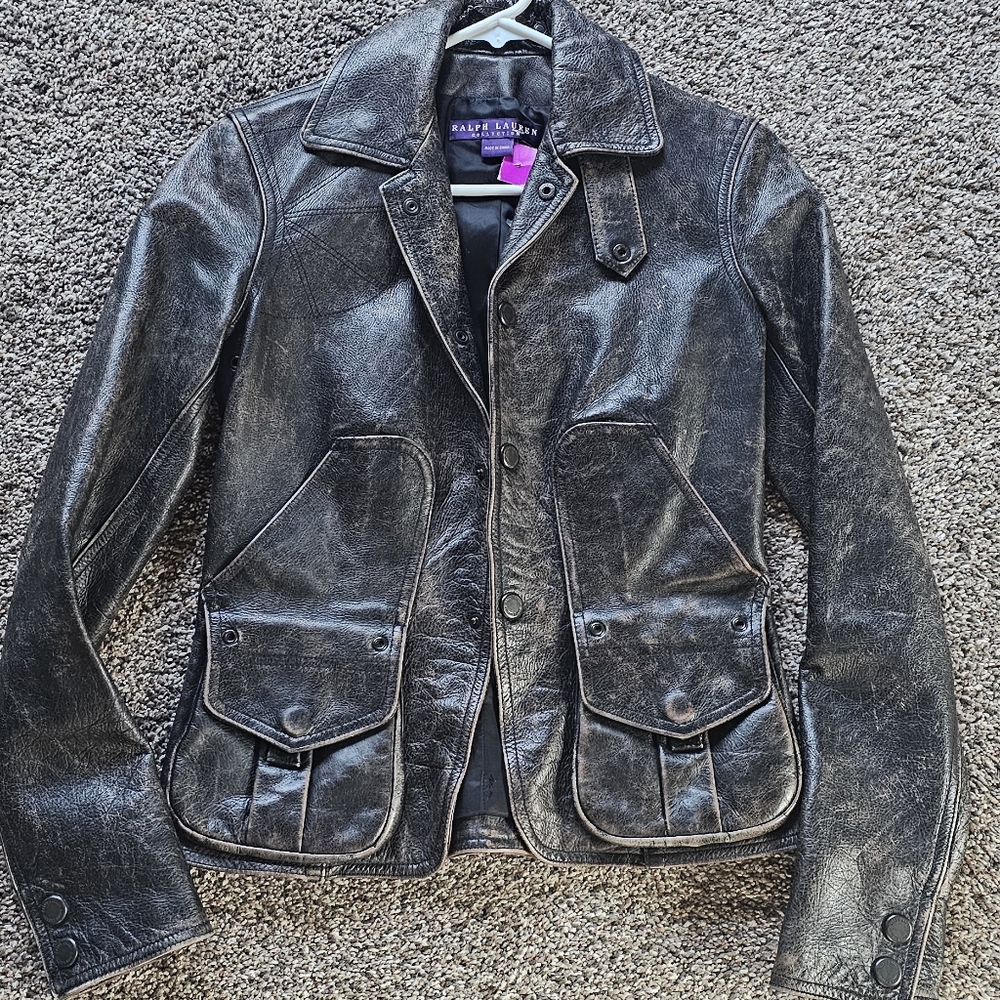 Ralph Lauren Purple Label Distressed Black Leather Jacket womens XS